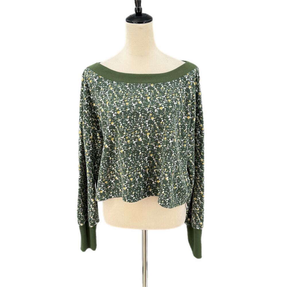 Anthropologie Daily Practice Green Confetti Boat Neck Cropped Pull On Sweatshirt